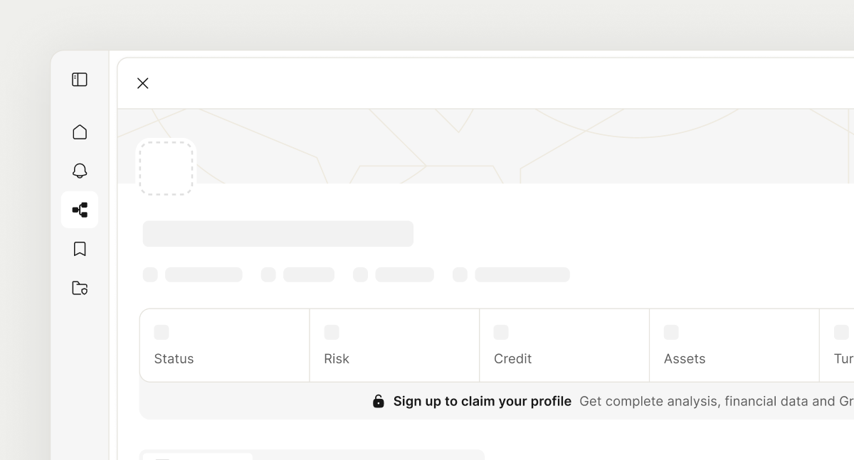 An unclaimed company profile in Grand: the Status, Risk, Credit and Assets figures are hidden behind a prompt to sign up and claim the profile.