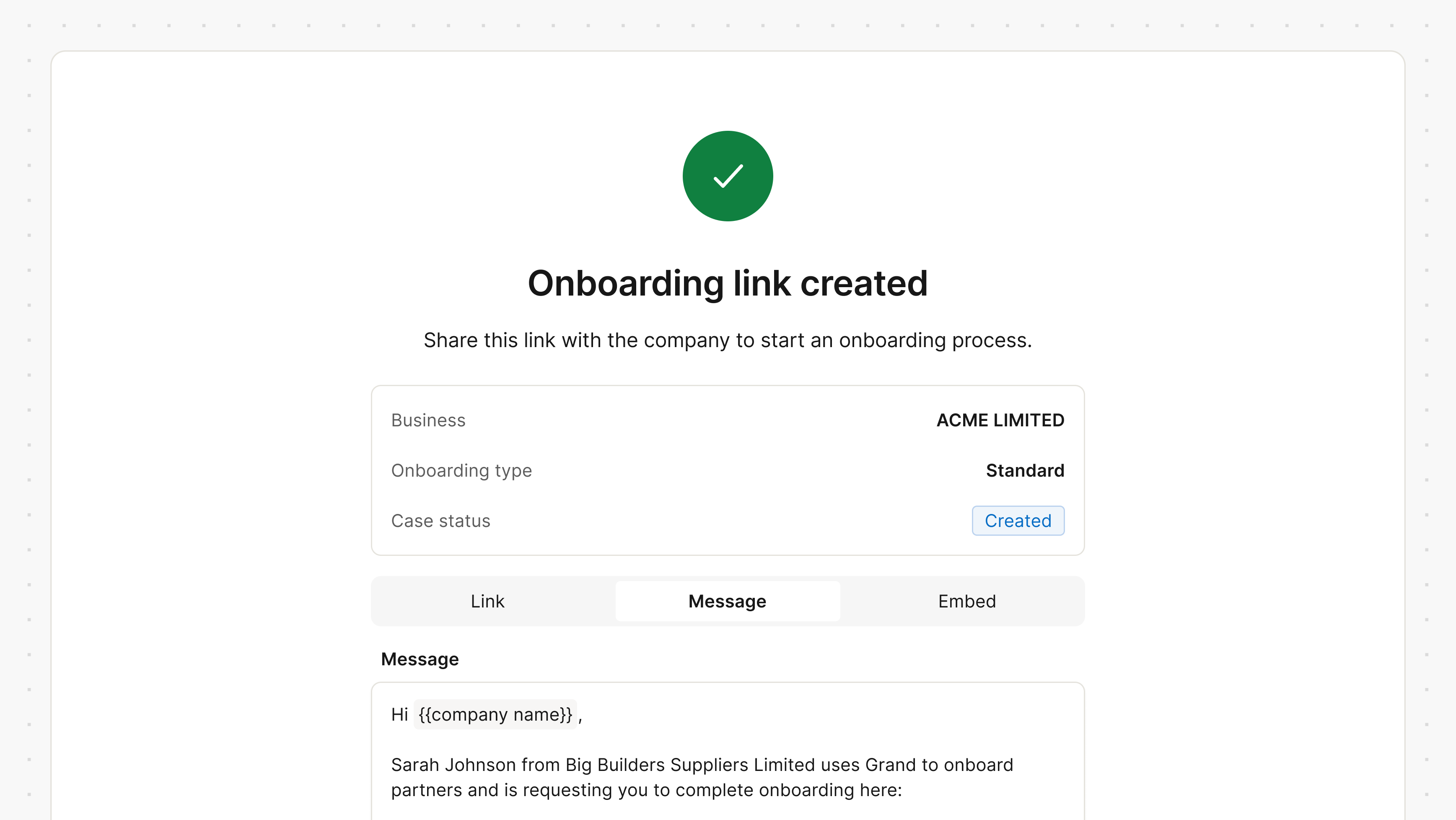 Share the onboarding link with your message.